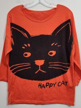 Happy cat orange 3/4 sleeve graphic front t-shirt woman's size large